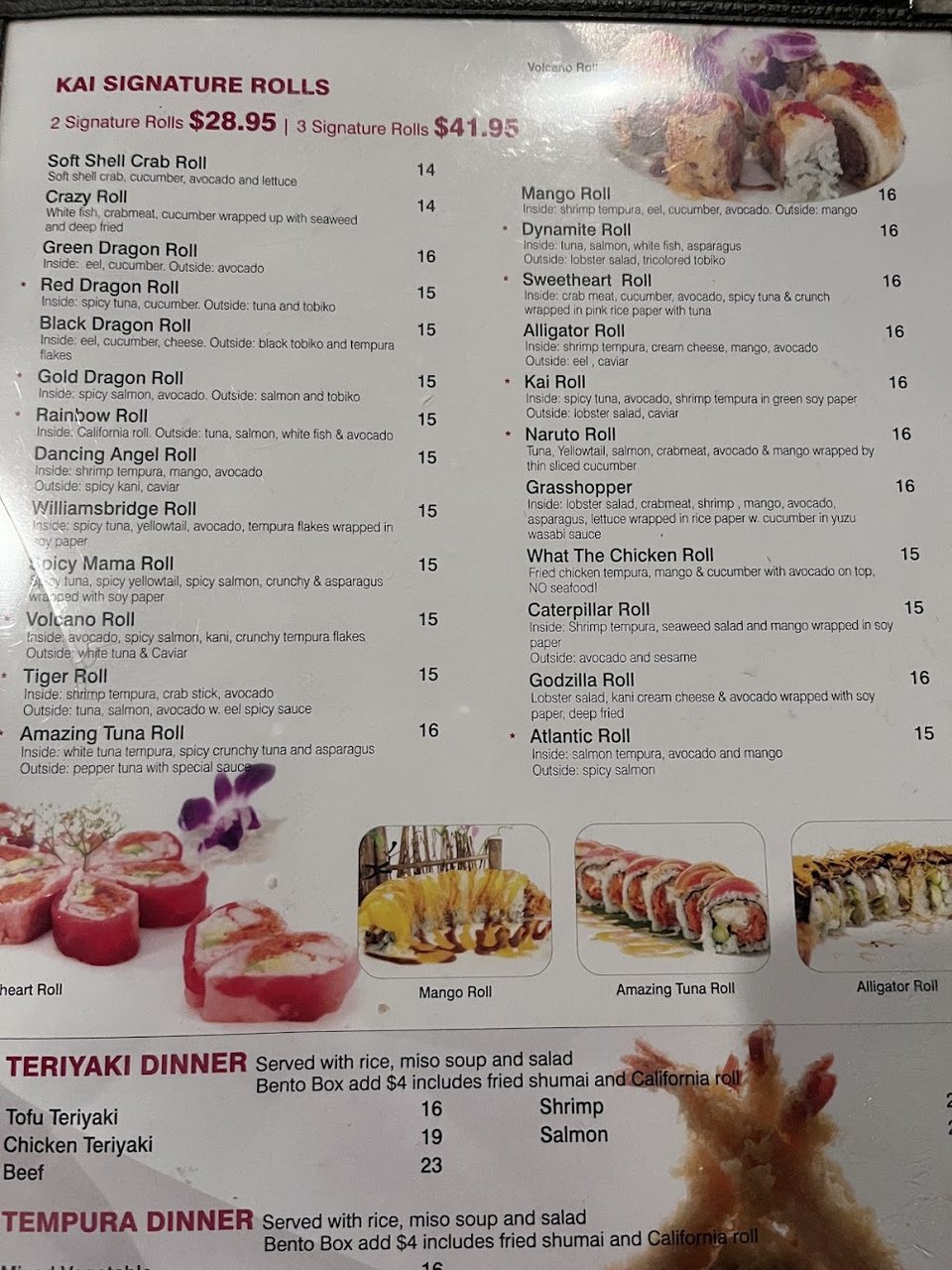 Menu spread with sushi, noodles, and desserts.