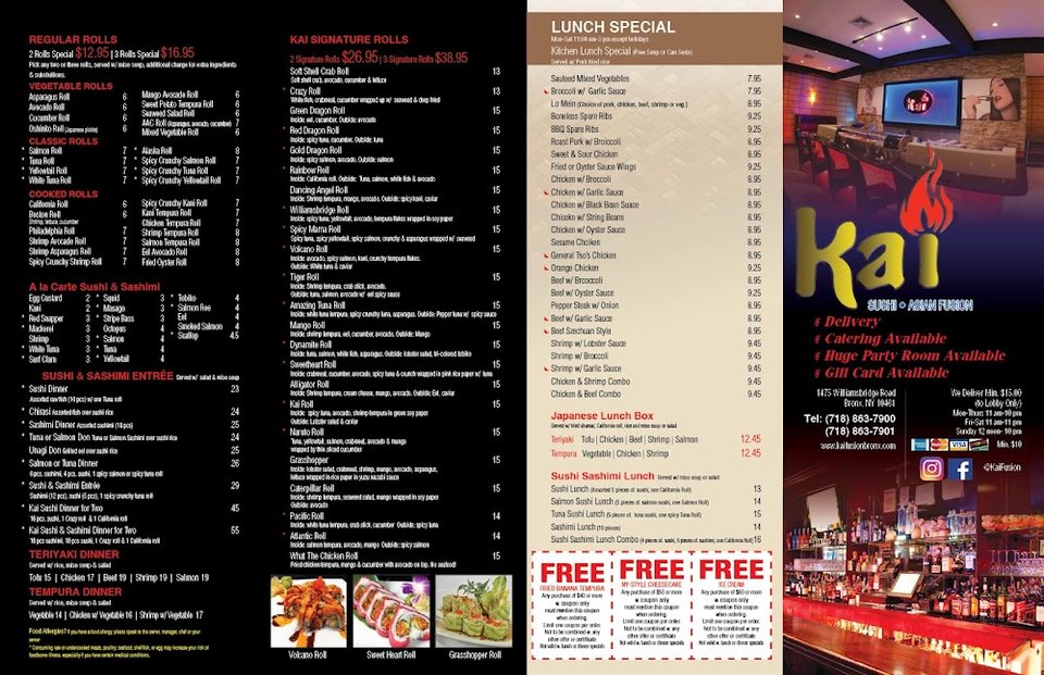 Sushi, tempura, and dessert options on display.